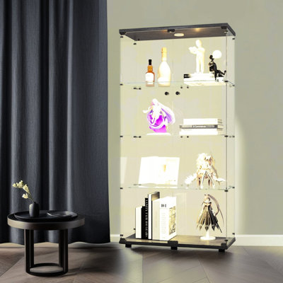 Armoire vitrée éclairée à deux portes en noir - H 66,27 po x l 31,87 po (l) 14,73 po, 4 tablettes avec lumières et 12 choix de couleurs par télécommande, bois massif trempé, coffre-fort, verrouillable, capacité de poids de 15 lb par