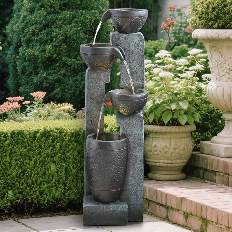 Indoor Outdoor Waterfall Fountain, Resin Garden Water Fountain Outdoor With Lights, Floor-Standing Fountain For Patio, Balcony Home Decor