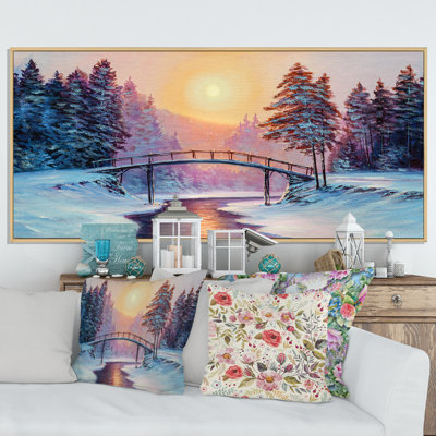 «Sunset on Winter River Bridge Scenery II», peinture sur toile