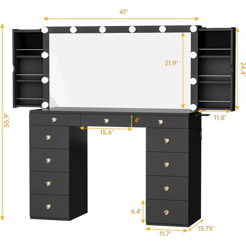 Bureau de maquillage avec 11 tiroirs, armoire de rangement dissimulée pour bijoux, prises CA, prise de courant USB et 12 lumières réglables