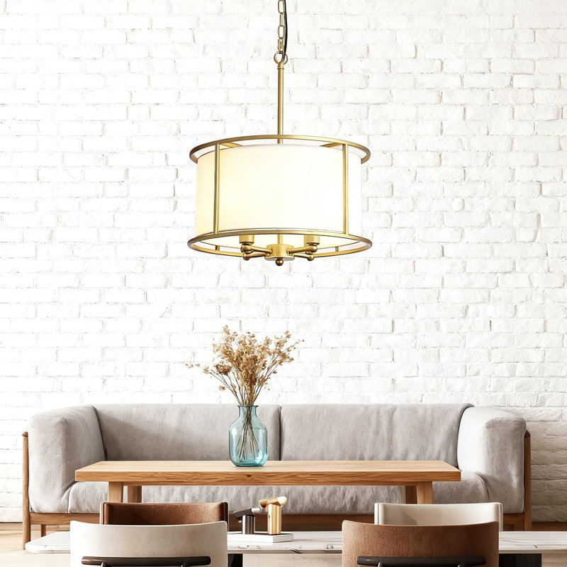 Lustre tambour Modern Farmhouse avec abat-jour en tissu blanc et cadre doré, luminaire suspendu à 4 lumières pour la salle à manger et le salon, hauteur de suspension réglable, compatible avec douille E12