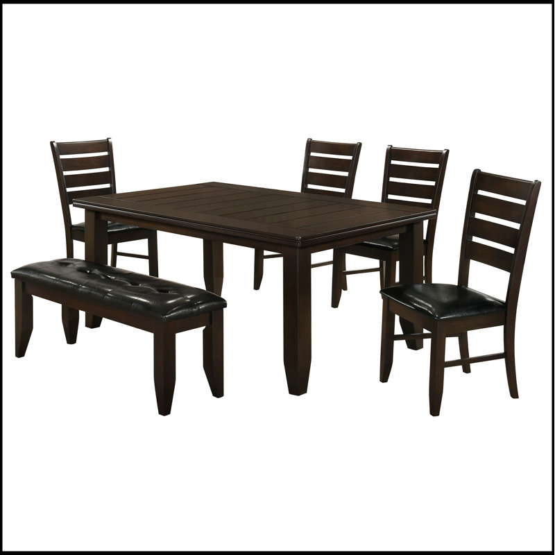 Ensemble de salle à manger 6 pièces Cornish Cappuccino avec table robuste, chaises confortables et banc assorti pour une utilisation polyvalente