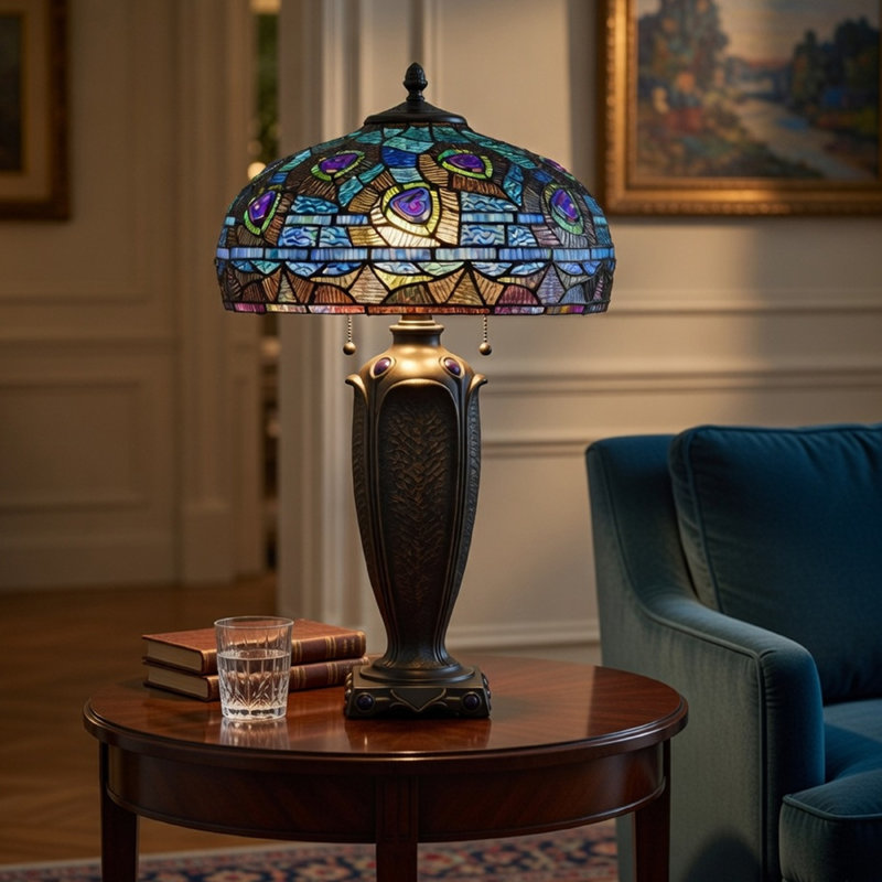 Lampe de table avec chaînette, vitrail Tiffany bleu, bronze foncé 26 pouces
