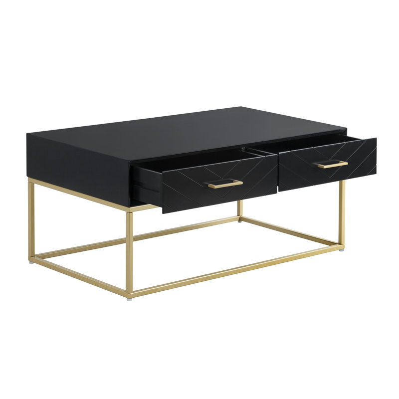 Tommy Hilfiger Ellias Modern Coffee Table with Two Drawers, Glossy Black Top, Golden Metal Frame