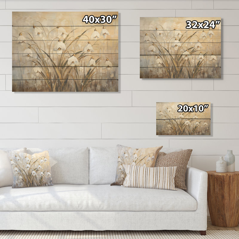 Minimalisme enneigé fleurs Harmony I - Snowdrops, art sur bois de pin naturel, H 10 po x l 20 po