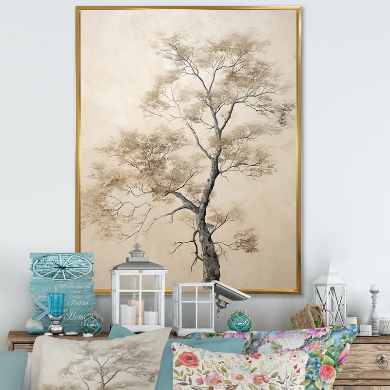 Minimalisme, érable beige sur fond mélodique, impression sur toile, Cadre flottant doré, H 40 po x l 30 po x P 1,5 po