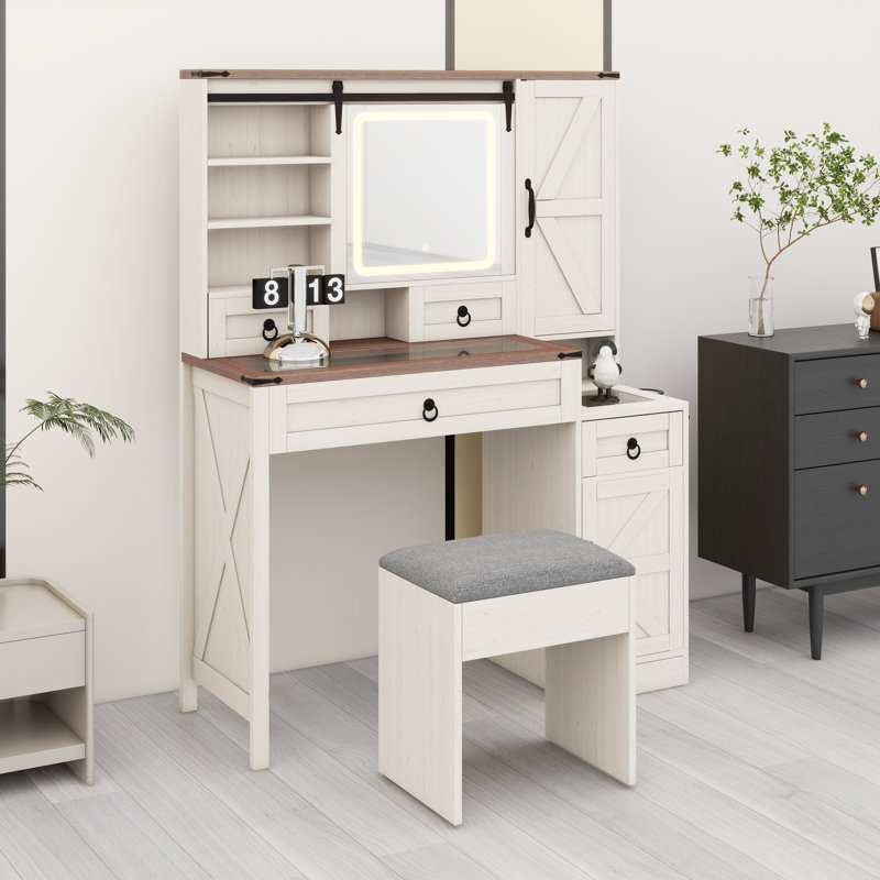 Coiffeuse moderne avec miroir réglable, éclairage et concentrateur électrique intégré, Blanc
