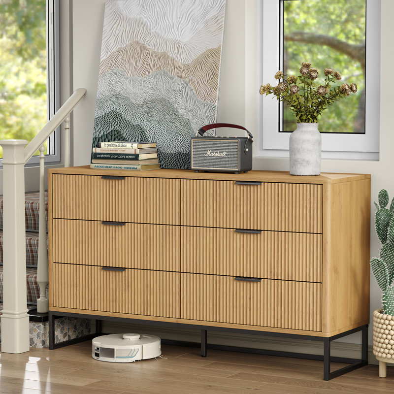 design dresser Minimalist Curve 6 Drawer and the subtle wood grain texture provides visual interest Semin 54"W Fluted Design 6-Drawer
