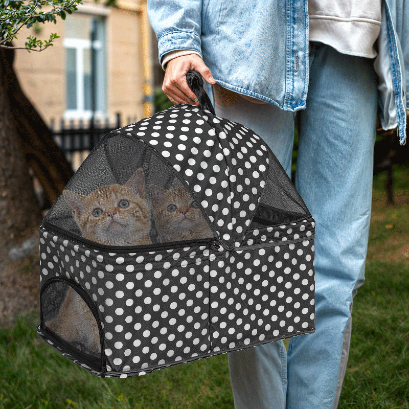 Black and White Polka Dot Foldable Pet Stroller with Steel Frame