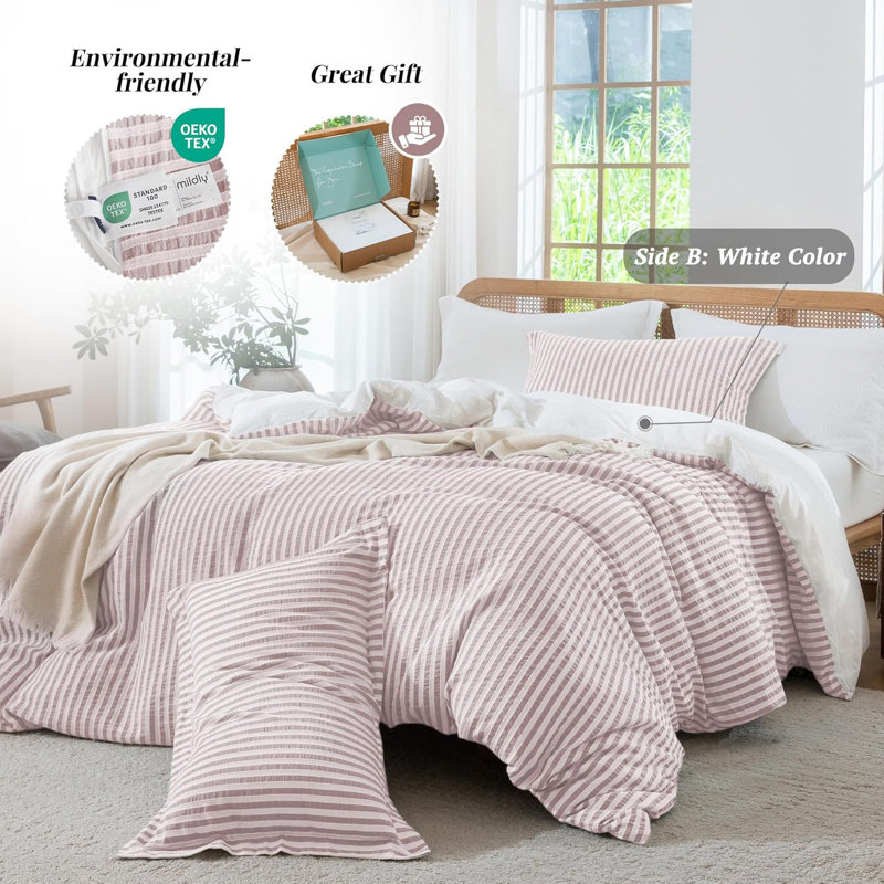 100% Washed Cotton Textured Stripe Duvet Cover Set , King Duvet Cover + 2 King Pillowcases, Pale Mauve