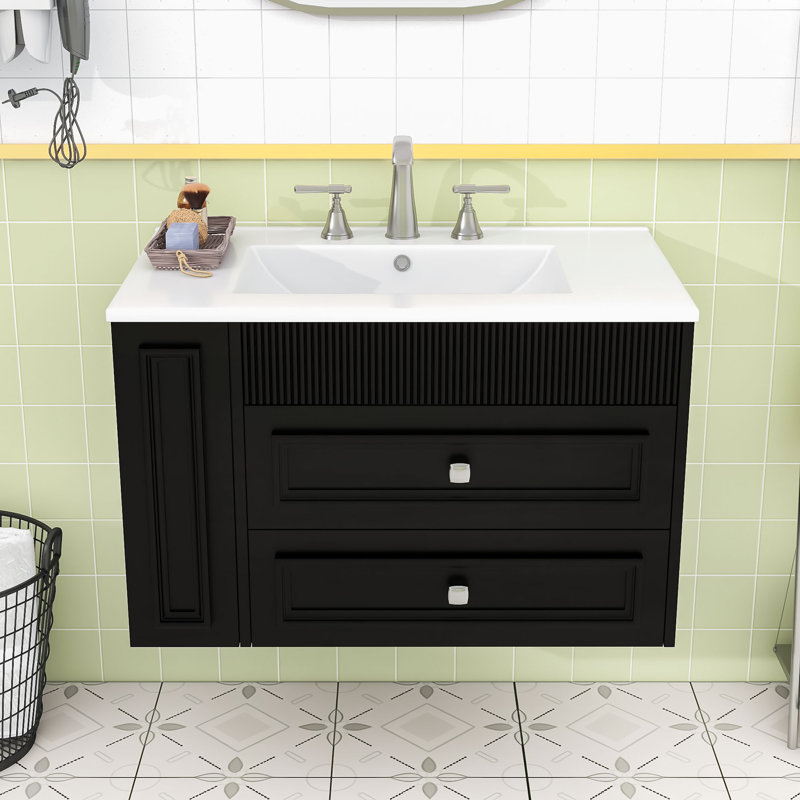 Meuble-lavabo mural compact avec lavabo intégré, tiroirs de rangement et tablettes ouvertes, Noir