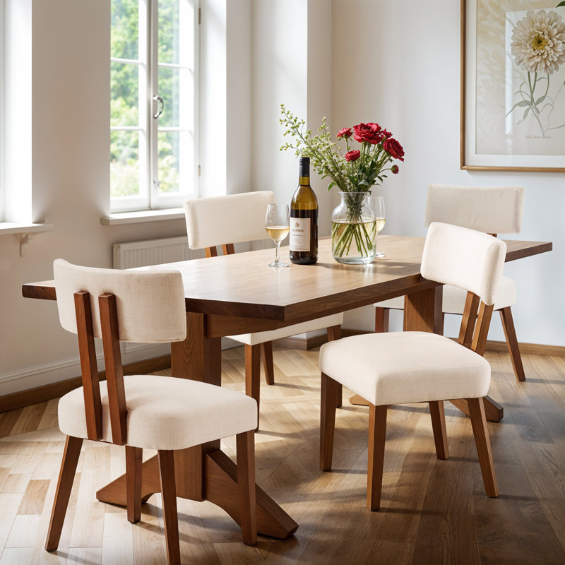 Mid Century Linen Upholstered Dining Chair With Wood Legs, 4