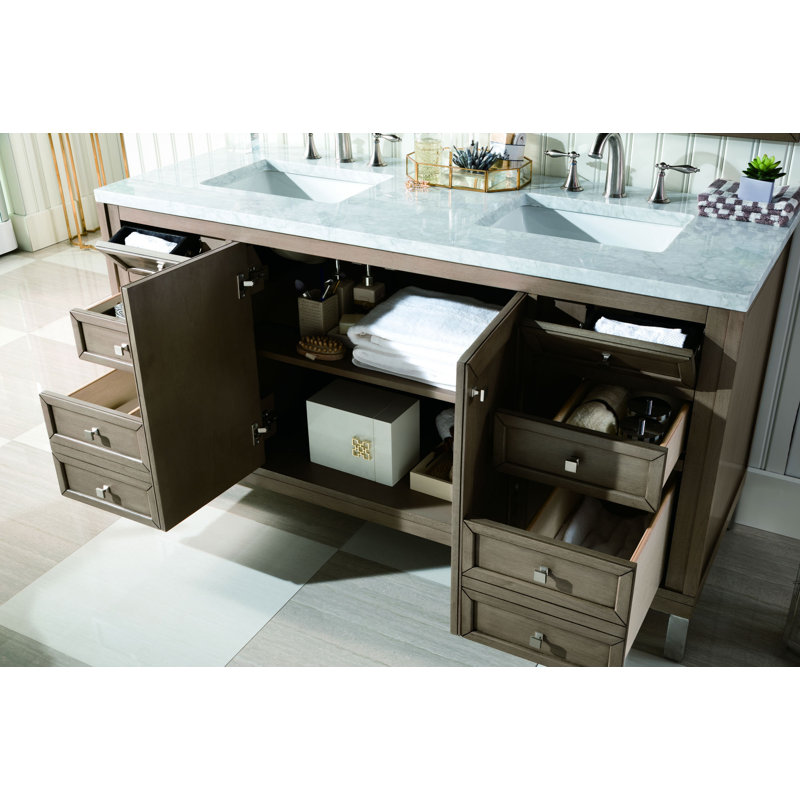 Ensemble de meuble-lavabo double 60 po Chicago, Walnut Whisper, Blanc de Carrare, 8 po