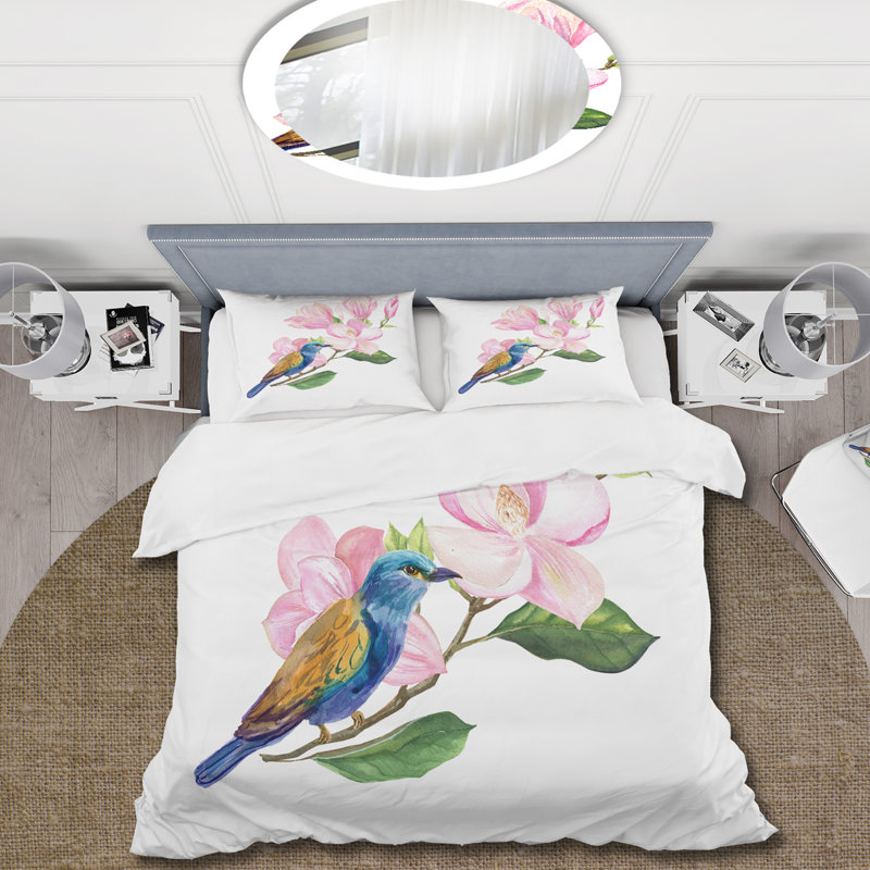 Oiseau bleu assis sur un brin rose de magnolia - ensemble de housse de couette traditionnel - microfibre de polyester