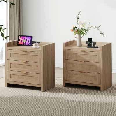 Ashvir Rattan 3-Drawer Nightstand With Built-In Outlets