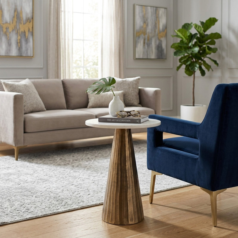Modern Accent Table with White Marble Top & Gold Aluminum Base - 20" Tall, Living Room Side Table