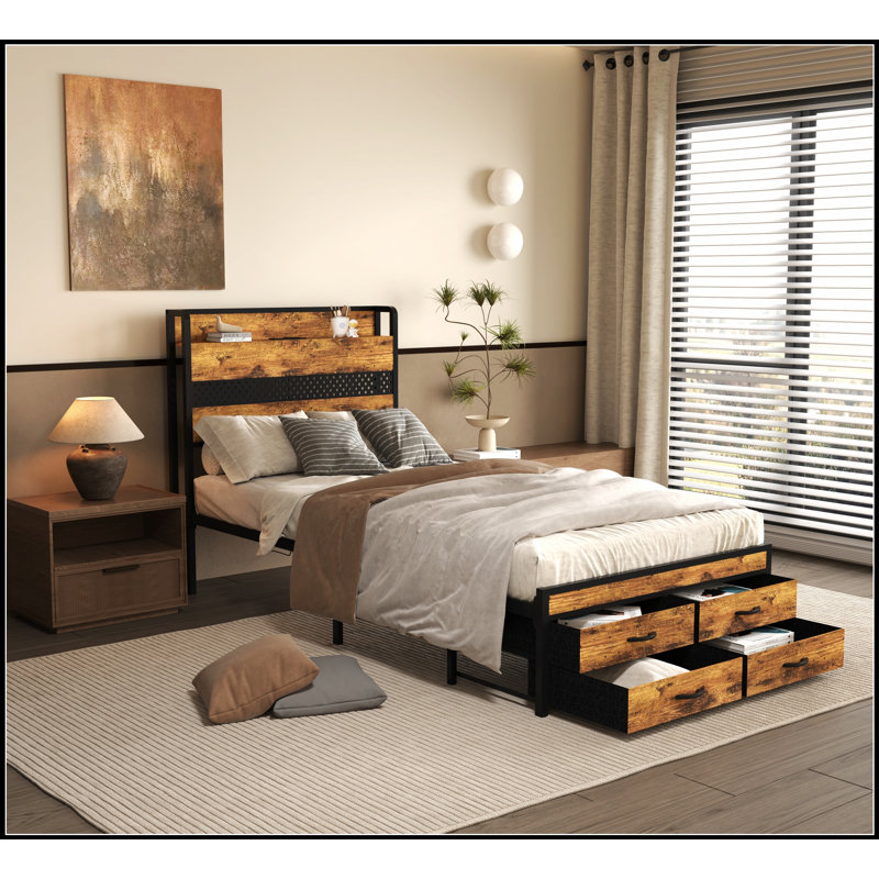 Stylish Metal Platform Bed Frame with Storage Drawers and Headboard, No Box Spring Required for Modern Bedrooms, Brown