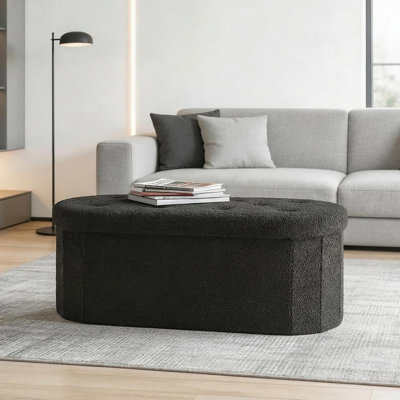 Black Teddy Fabric Folding Storage Ottoman Bench with Reversible Tabletop, Large Oval Footrest and Hidden Storage Chest for Bedroom, Living Room, Dorm, or Entryway