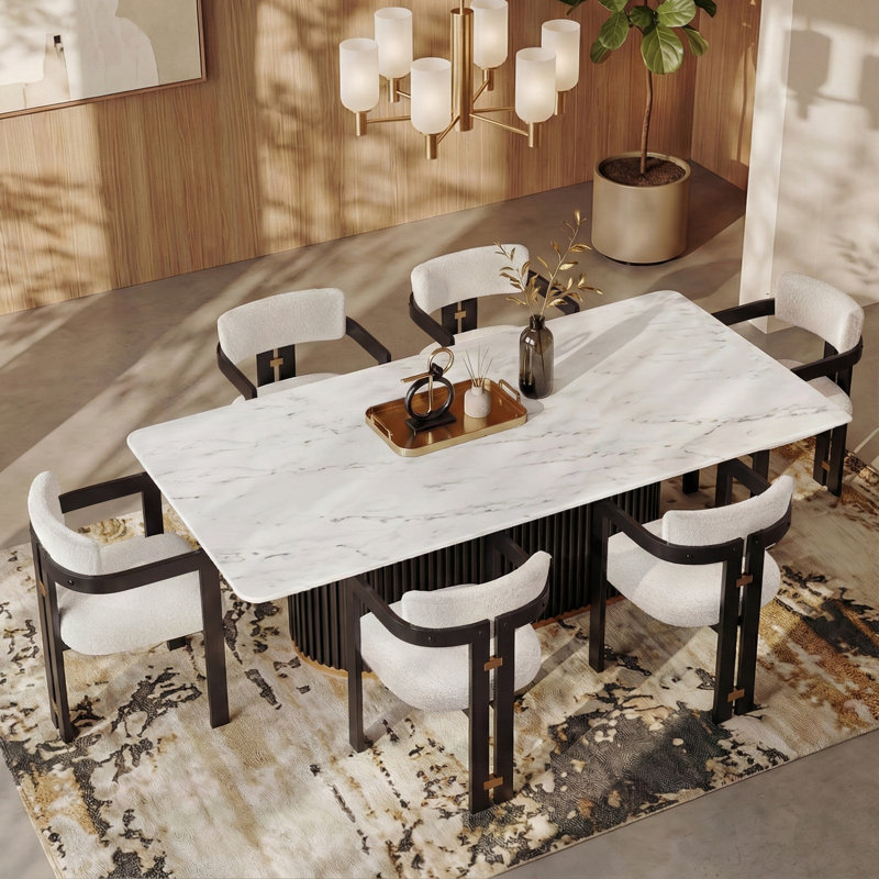 7 Piece Modern Dining Table Set, Faux Marble Dining Table and 6 Boucle Dining Chairs, 7 Pieces: Table, 6 Chairs, White