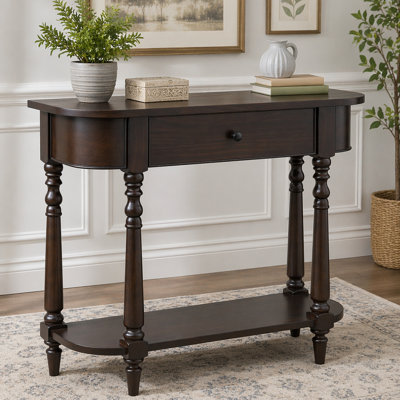 Console avec coin incurvé, table d'entrée rétro avec tiroir supérieur et tablette ouverte, console