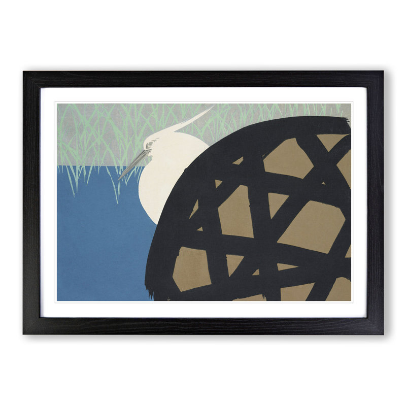 White Heron by Kamisaka Sekka - Picture Frame Painting, 36cm H x 48cm W x 2cm D, Black
