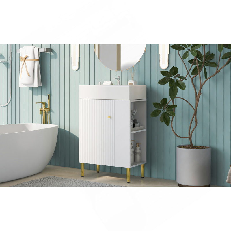 Meuble-lavabo blanc 21,6 po, armoire combinée, meuble de rangement pour salle de bain, lavabo simple en céramique, rangement sur le côté droit