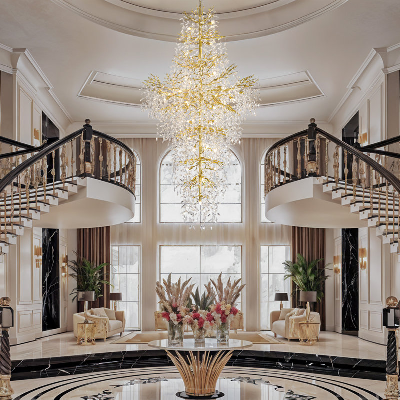Lustre luxueux en cristal à deux niveaux pour escalier K9, H 90,55 po x l 47,24 po x P 47,24 po, 2, 38 lumières