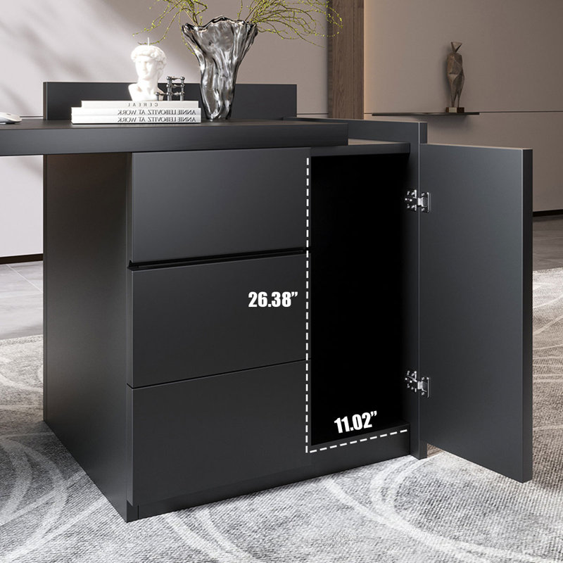 Bureau rectangulaire brun en bois massif avec 3 tiroirs, Noir, noir, noir, noir, H 29,53 po x l 70,87 po x P 31,5 po