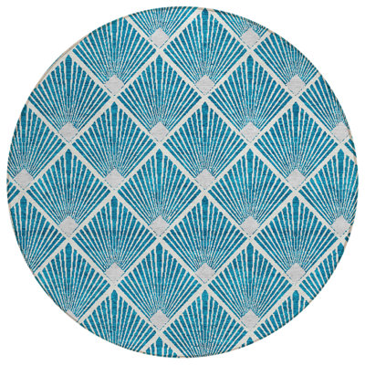 HomeRoots 8' Teal Blue And Ivory Round Geometric Washable Indoor Outdoor Area Rug
