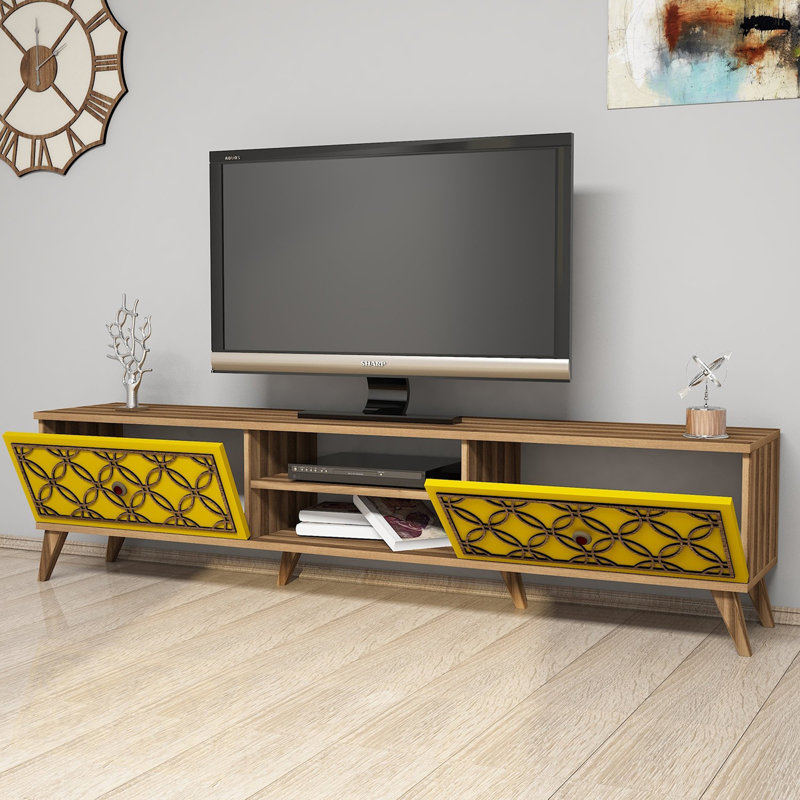 Meuble télé moderne avec option de fixation murale, noyer et jaune, 70,9 po x 17,3 po x 13,8 po | 100% panneau de particules enduit de mélamine, épaisseur: 0,7 pouce | Conception géométrique élégante, tablettes multiples, pieds en plastique