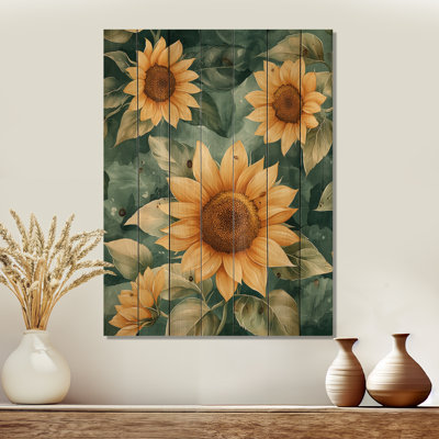 Green Garden Abstract Sunflowers Collage I - Sunflowers Wood Wall Decor - On Natural Pine Wood