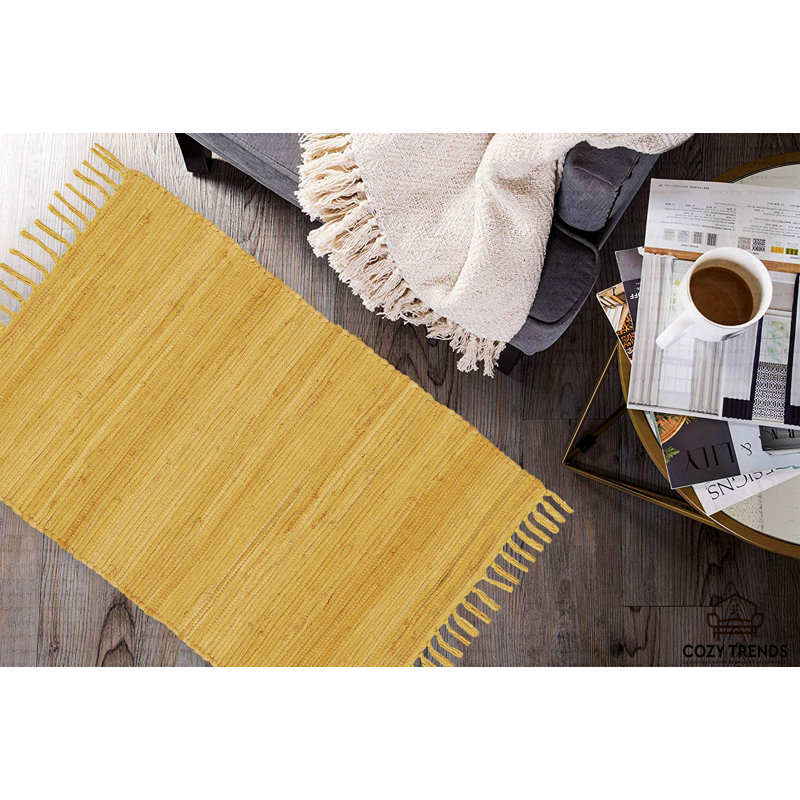 Handwoven Cotton Washable Reversible Rag Rug 2' X 3' With Tassels, Mustard