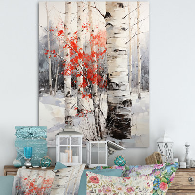 Bois de bouleau blanc et rouge en hiver sur toile
