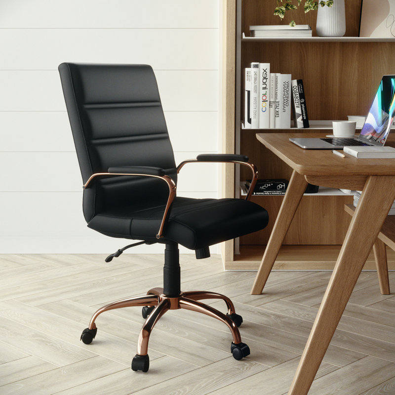 Whitney Ergonomic Upholstered Mid-Back Swivel Office Chair, Rose Gold, Black Faux Leather