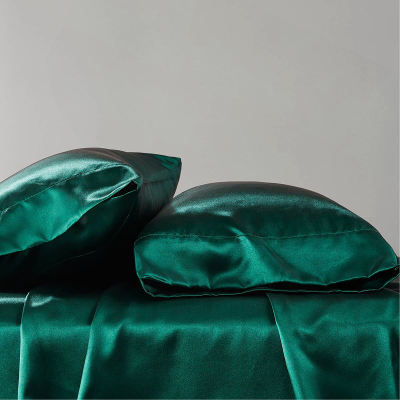 Ensemble de draps en satin de luxe, Couvre-lit double + 5 pièces supplémentaires, Émeraude