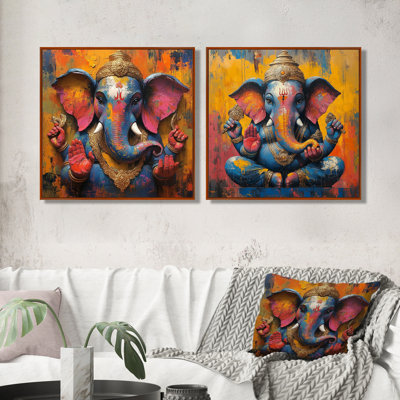 Ganesha bleu vif accentué de rose I - Art mural de l'hindouisme - Décoration murale traditionnelle 2 pièces