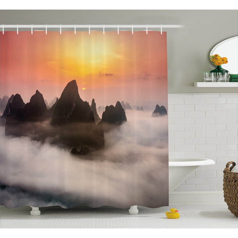Rideau de douche simple chinoise montagnes décoration, H 69 po x l 70 po