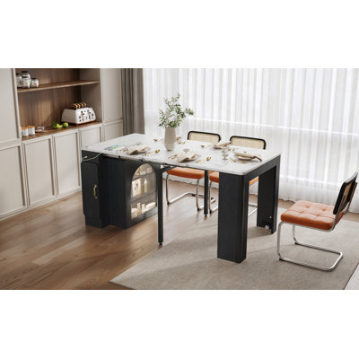 Table de salle à manger extensible avec 3 rallonges amovibles, table d'îlot mobile avec prise de courant, armoire avec rangement pour la salle à manger et le salon