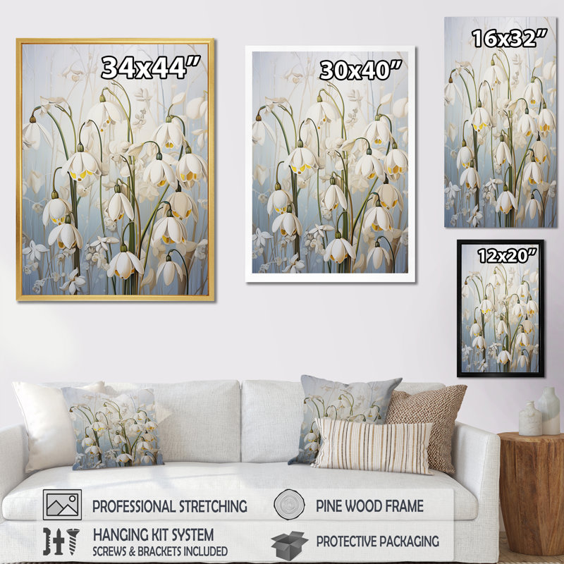 Minimalisme Snowdrops beige paysage, Cadre doré simple, H 20 po x l 12 po x P 1 po
