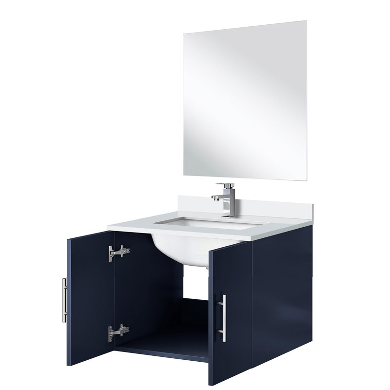 Meuble-lavabo bleu l 24 po x P 22 po avec comptoir en quartz blanc, miroir 18 po, robinet et surface à gratter 24 x 22