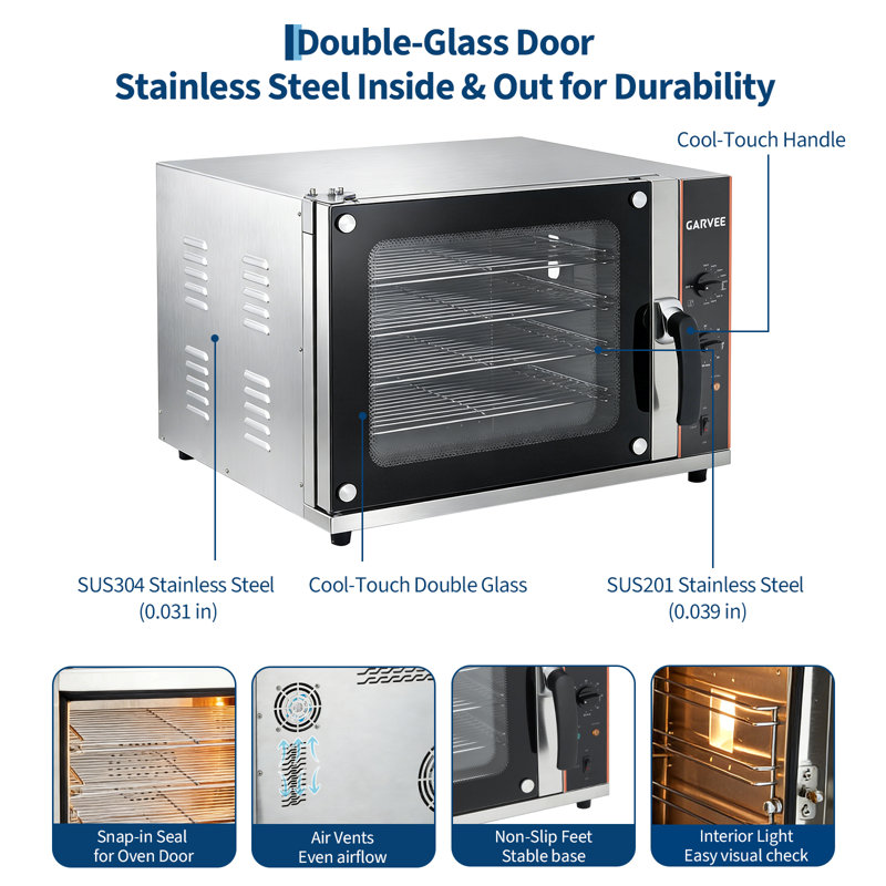 Commercial 4-Tier Countertop Convection Oven – Toaster & Air Fryer Combo with Front Glass Door, 1750W, Includes Trays & Wire Racks, 2.3 cu ft / 68L Half-Size Kitchen Appliance