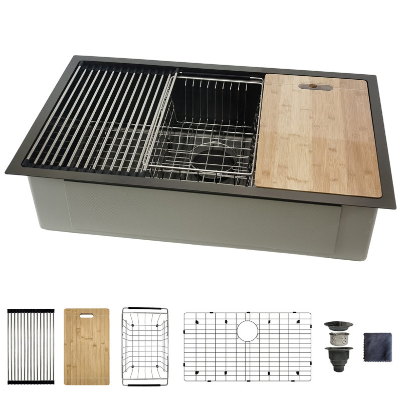 Évier de cuisine 32 "encastrable 32 pouces, avec cuve simple en acier inoxydable noir avec accessoires