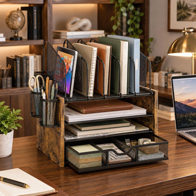 4-Tier Wood and Metal Desk Organizer with Drawer and File Holders