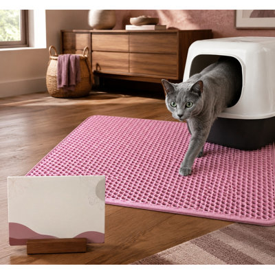 Tapis de litière rose 16 x 20 pouces en EVA double couche avec une grande grille alvéolée imperméable pour piéger la litière ; il est imperméable à l'urine, sans odeur, lavable, facile à nettoyer et équipé d'un support antidérapant.