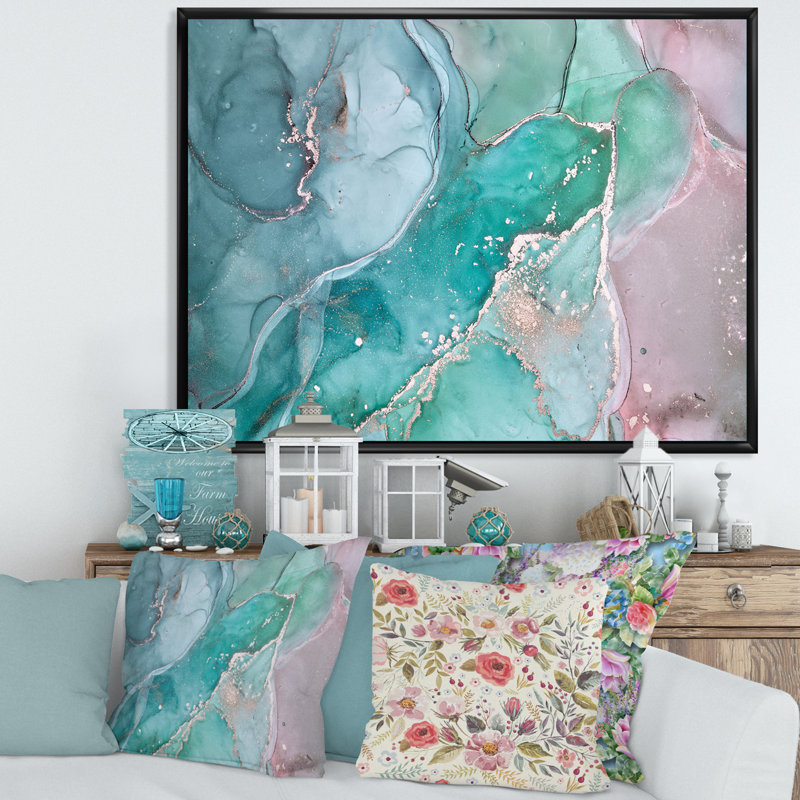 Marbre abstrait turquoise - peinture sur toile, Cadre d'angle fermé noir, H 30 po x l 40 po