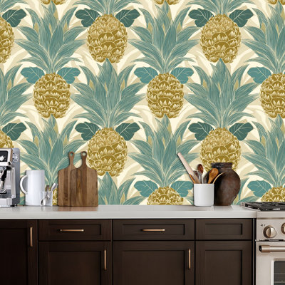 Peel and Stick Wallpaper Vintage Pineapple Gold Teal Leaves Cream Contact Paper Removable Self Adhesive Wall Mural Wall Decor for Bedroom Kitchen Cabinets 24in x 118in
