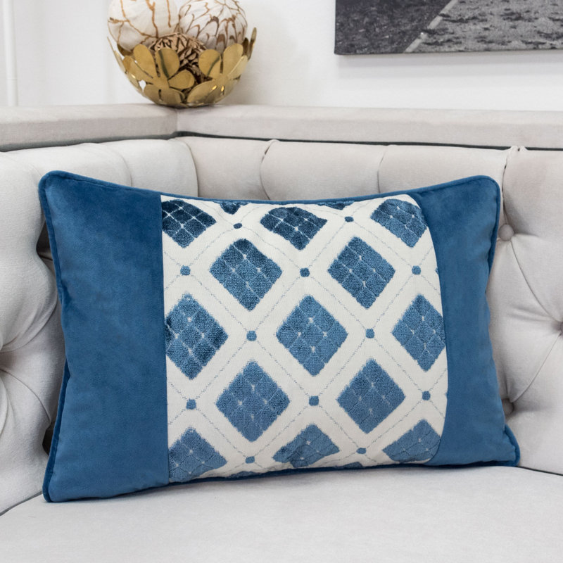 Geometric Velvet Throw Pillow, Blue/White