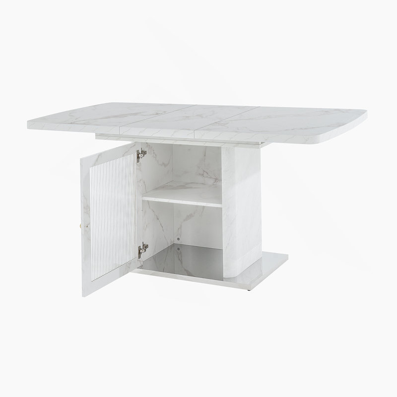 Table de salle à manger rectangulaire moderne de 47,24 "à 63", extensible, avec plateau en marbre blanc imprimé et pieds de table de rangement avec base en métal