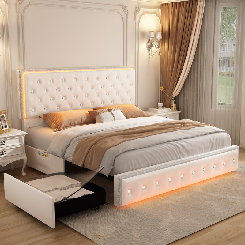 Kendrall Upholstered Platform Bed Frame with 2 Storage Drawers & LED Lighting, White, King