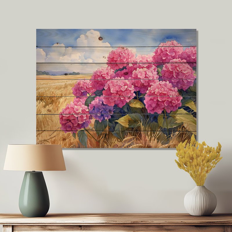 Hortensias dans le champ de blé III - décoration murale en bois d'hortensias - sur bois de pin naturel, H 10 po x l 20 po